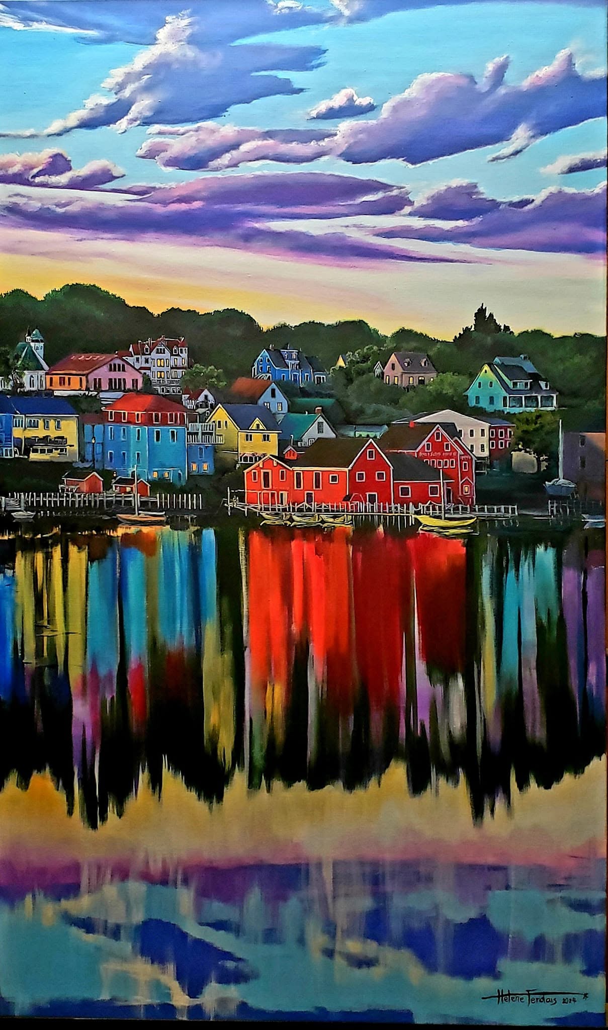 Reflets du village, peinture d'Hélène Ferdais