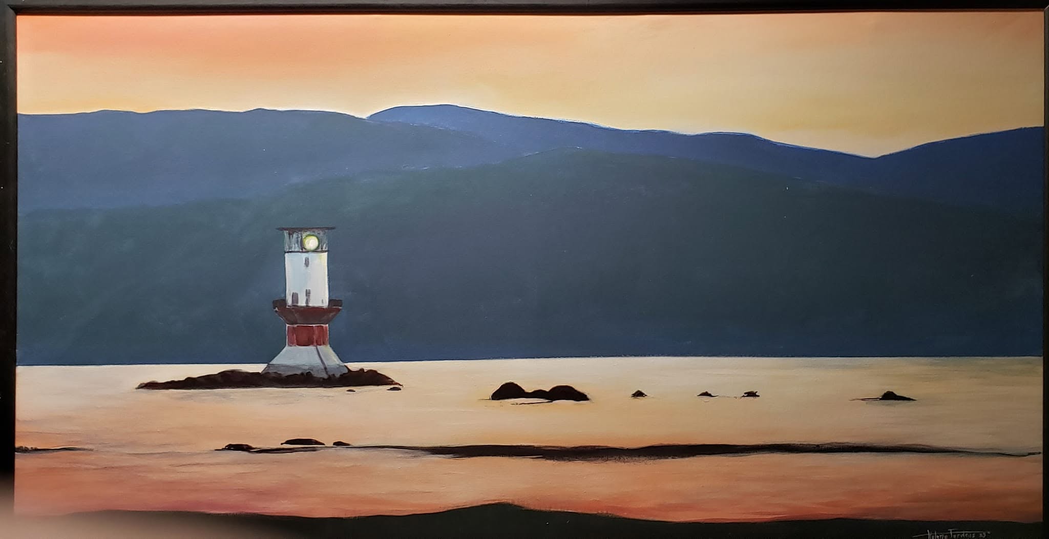 Le phare au crépuscule, peinture d'Hélène Ferdais