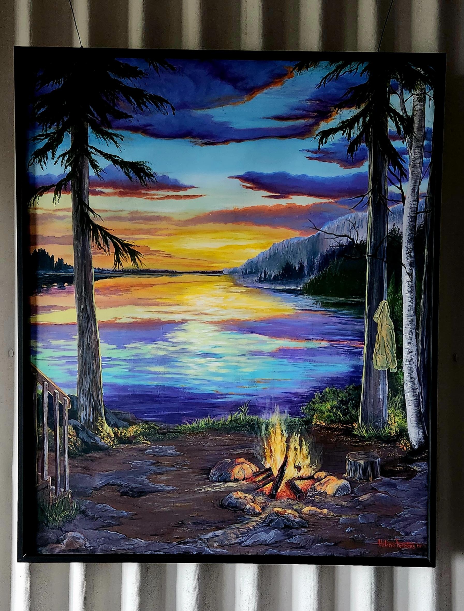 Feu de camp — peinture d'Hélène Ferdais, Paysages